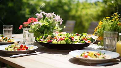 A summer garden party table with fresh salads