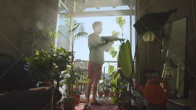 Young hipster guy takes care of flowers. A man wipes the leaves of flowers at home. The concept of plant care and