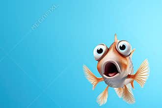 A comically surprised fish against a serene blue backdrop, perfect for pet stores, aquariums, children's book