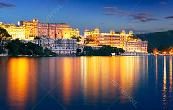 City Palace and Pichola lake at night, Udaipur, Rajasthan, India