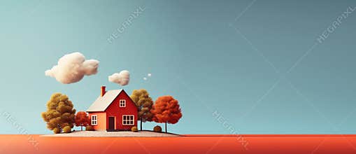 Autumn house. Cartoon style. Banner for design with copy space. Cozy autumn house portrayed in a cartoon-like