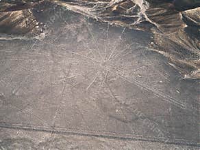 Nazca Geoglyph or Nasca mysterious lines and geoglyphs aerial view, landmark in Peru
