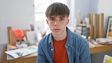 Caucasian teenage boy with bangs posing in an art studio setup, looking serious
