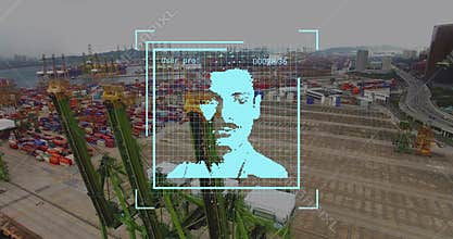 Animation of data processing with portraits over container port