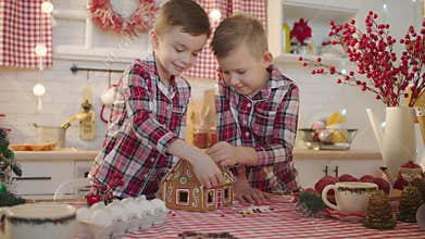 Cute boys decorating gingerbread house with topping and icing at the kitchen