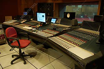 The control room of a professional music recording studio
