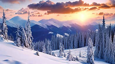 Beautiful winter landscape with snowy fir trees in mountains at sunset, Beautiful winter landscape in the Carpathian Mountains,
