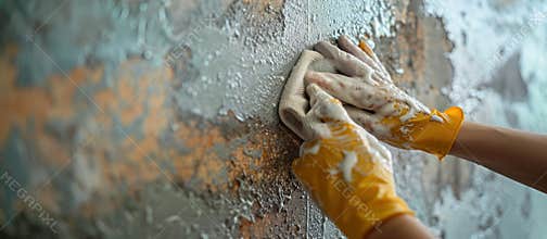 Person in Yellow Gloves Cleaning Wall