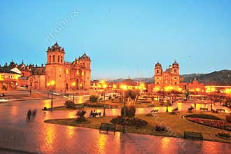 Cusco main square at night with Catholic religious cathedral Peru