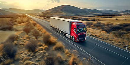 Powerful truck with huge body drives along rural road across rural site at sunrise. Cargo delivery vehicle in motion at