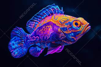 Stunning tropical fish illuminated with neon colors against a dark blue background