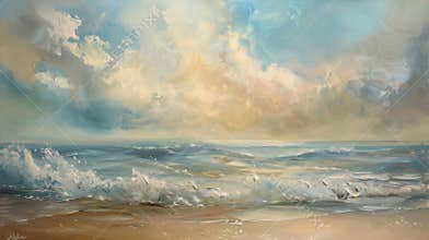 A calming oil painting depicting a seaside landscape evoking the theutic effects of art on the mind and body