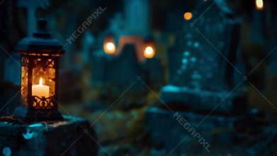 An old graveyard the gravestones illuminated by the soft glow of lanterns as villagers gather to hear a harrowing tale