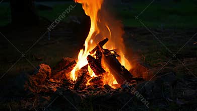 The crackle of the fire mixes with the sound of crickets in the distance
