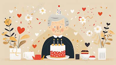 Elderly woman at table with birthday cake, surrounded by art supplies