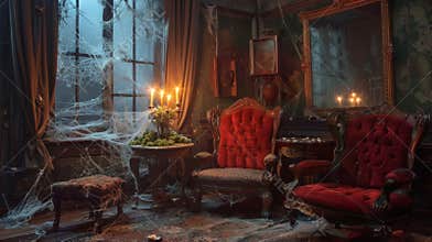 Spooky Victorian-style living room with cobwebs and red velvet furniture. Haunted house interior. Concept of Halloween
