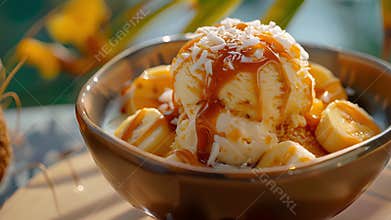 A bowl filled with the ultimate tropical indulgence a scoop of banana and coconut ice cream drizzled with caramel sauce