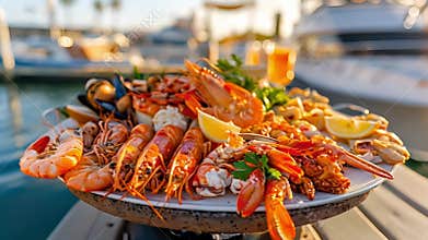 A mouthwatering seafood platter bursting with flavors of the ocean set upon a serene dock with boats sailing in the
