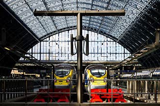 International high speed Eurostar passenger trains at St Pancras station
