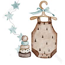 Watercolor illustration card welcome baby with wooden hanger, baby clothes, star garland and pyramid. Clip art of baby