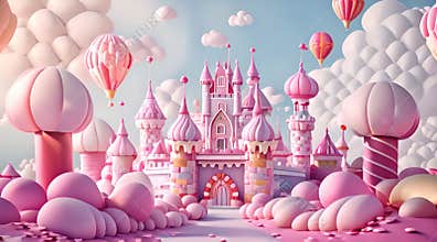 A sugary dreamland with pastel castle and candy trees under a blue sky
