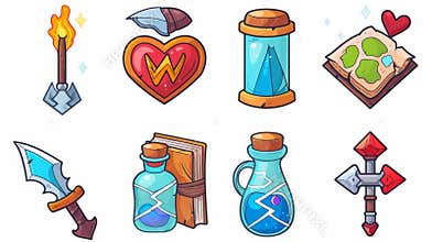 An icon set for hiking, camping, tourism. Isolated on a white background are a heart, a lightning bolt, a knife, a map