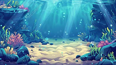 Underwater seabed with corals, seaweeds, stones and sand. Cartoon illustration of an ocean or aquarium floor with