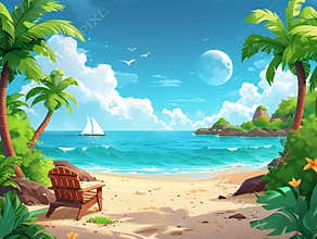 Cartoon illustration of a lively beach day designed with cute characters and bright