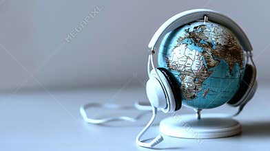 White headphones with headset on globe, Music without borders, World Music Day concept, banner, copy space