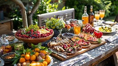summer outdoor picnic, a summer feast outdoors, featuring fresh fruits and cold drinks on a wooden table, ideal for a