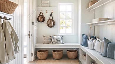 Hallway decor, white coastal cottage interior design and country house, entryway furniture and entrance hall home decor