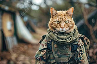 Ginger cat dressed in full military gear with a focused expression