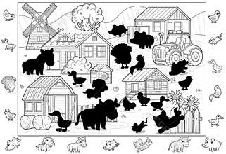 cartoon scene with farm ranch village buildings windmill barn chicken coop animals cow horse chickens dog cat and tractor sketch