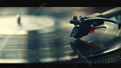 Closeup of a record player displaying the intricate grooves of a vinyl record as it spins and plays music for a theutic