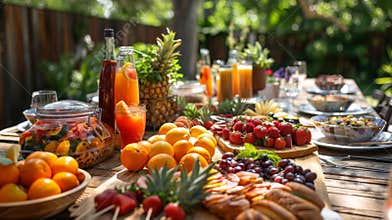 summer picnic setup, enjoy a scrumptious summer spread featuring fresh fruit and cool beverages, ideal for a sunny