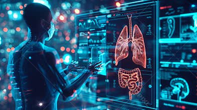 Doctor of Radiology makes diagnoses and treatments using virtual Human Lungs and long Covid 19 on a modern interface