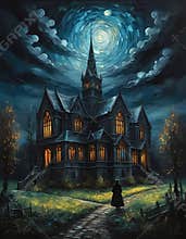 A panoramic view of dark gothic haunted school, mysterious land, moon, horor scene, magical elements, painting art, William Harris