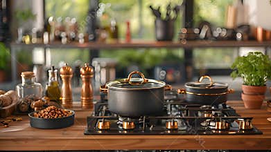 Kitchen counter with various pots and pans neatly arranged.
