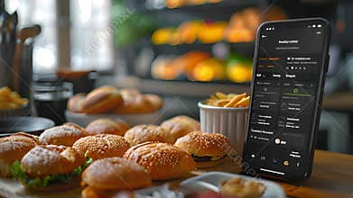 Smartphone displaying a menu of food items on a wooden table.