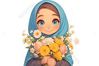 Persian, cute cartoon character with bouquet, single object, Di-Cut png style, isolated on white background