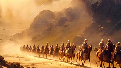 Group of individuals riding on horses in a caravan formation while traveling across the desert, A caravan of traders making their