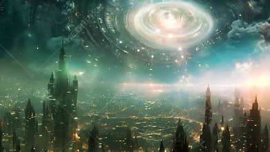 A cityscape illuminated by a cosmic artifact amidst a star-filled sky, A cityscape powered by a cosmic artifact of unknown origin