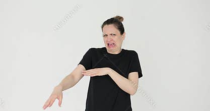 Woman waving hands with disgust on face 4k movie slow motion