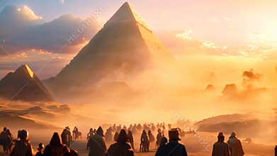 A group of people standing in front of a pyramid in a futuristic imagining of the Exodus from Egypt, A futuristic imagining of the