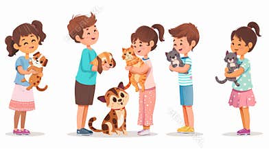 Animal care for kids - boy holds dog in hands and girl hugs cat. Cartoon modern illustration set of happy little