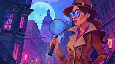 Animated cartoon night city street with girl spy. Modern landing page of journey with criminal investigation story.