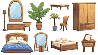Interior of a bedroom with a bed, a mirror, wooden furniture, and a plant, modern cartoon illustration of a bedroom with