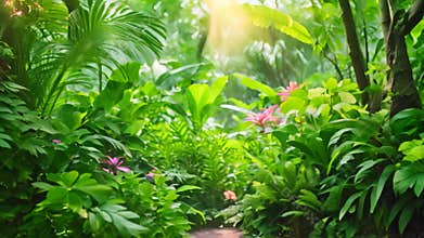 This photo captures the breathtaking beauty of a lush green forest teeming with a diverse array of thriving plants and vibrant