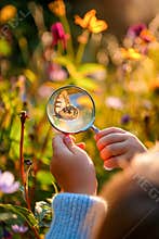 A child is holding a magnifying glass and looking at a butterfly