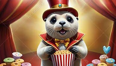 Delighted Otter Ringmaster with Popcorn at Circus
